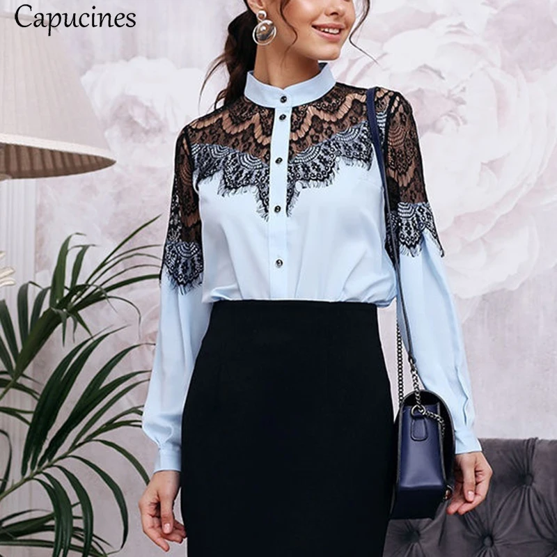 Capucines кружевной Сращивание Воротник стойка Рубашка Блузка женская Длинный рукав