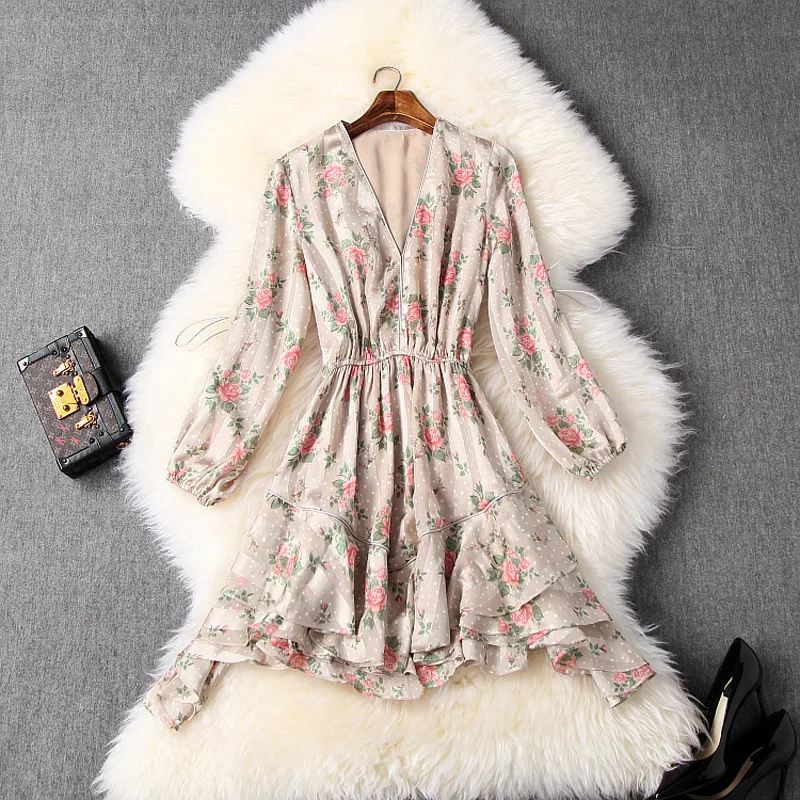 

Mini Dress Women's 2020 Spring And Summer V-neck Floral Ruffles Slim Elastic Waist Casual French Style Dress Above The Knees