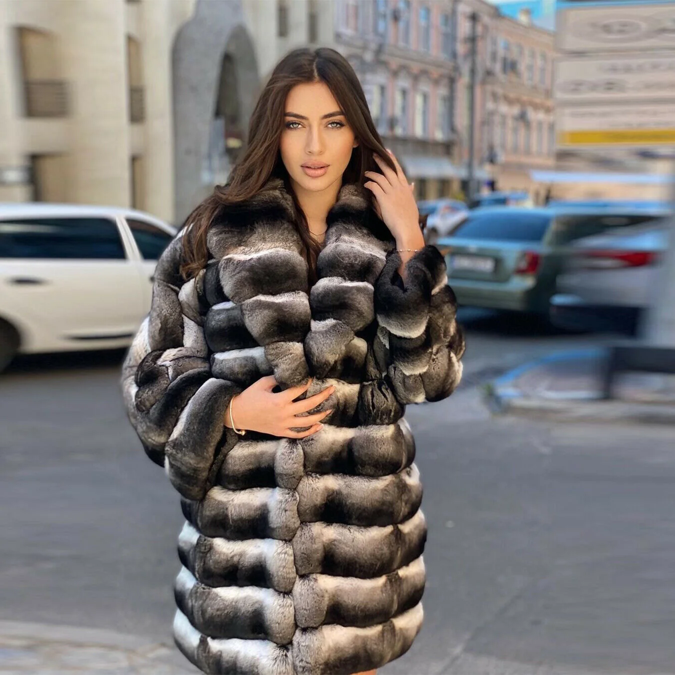 2022 Fashion Mid-length Real Rex Rabbit Fur Coat Chinchilla Color Winter New Women Luxury Genuine Rex Rabbit Fur Coats Full Pelt enlarge