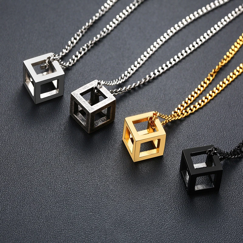 Men Rock Punk Cube Shaped Pendant Necklace 4 Colors Stainless Steel Casual Male Jewelry with 24&quot Curb Chain | Украшения и