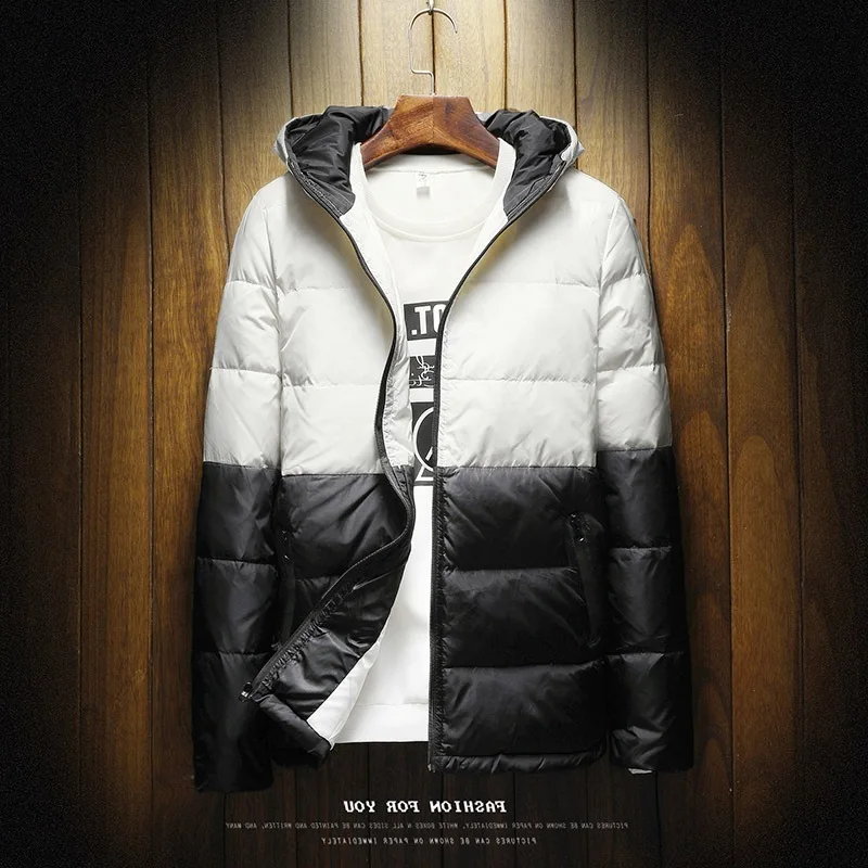 

Winter men's color matching fashion down jacket thickened Warm Large Hooded Coat men's white duck down coat M to 4XL