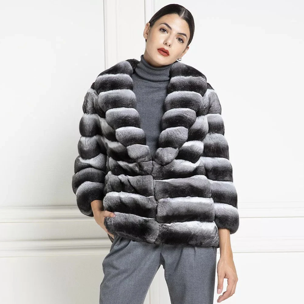 Fashion Women Natural Rex Rabbit Fur Coat With Lapel Collar Winter New Chinchilla Color Real Rex Rabbit Fur Jacket Thick Outwear