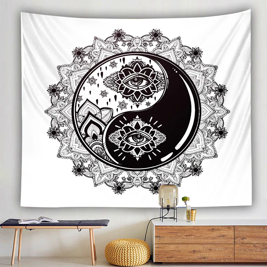 Белый черный гобелен с изображением Солнца и Луны мандалы настенный подвесной в