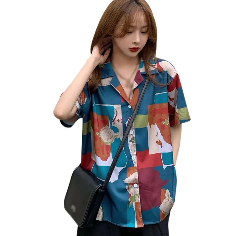 

Women's Geometric Print Shirts Summer Loose Casual Chiffon Short Sleeve Blouses Tops 2021