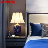 aosong blue ceramic table lamps brass modern luxury fabric desk light home decorative for living room dining room bedroom