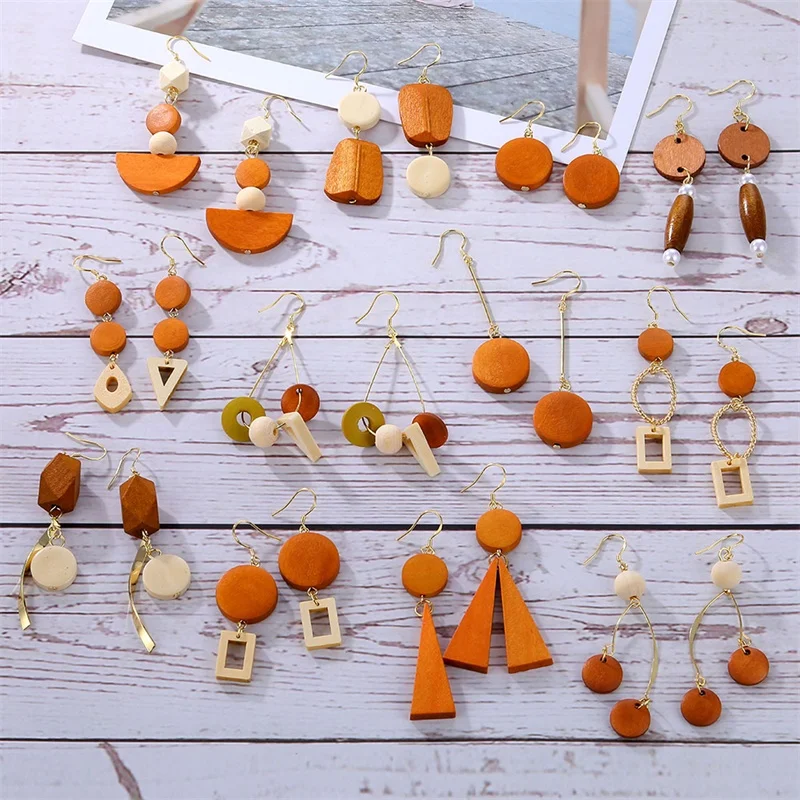 

Vienkim Vintage Natural Wooden Dangel Earrings For Women Bohemian Gold Geometric Splicing Hollow Drop Earring Fashion Jewelry