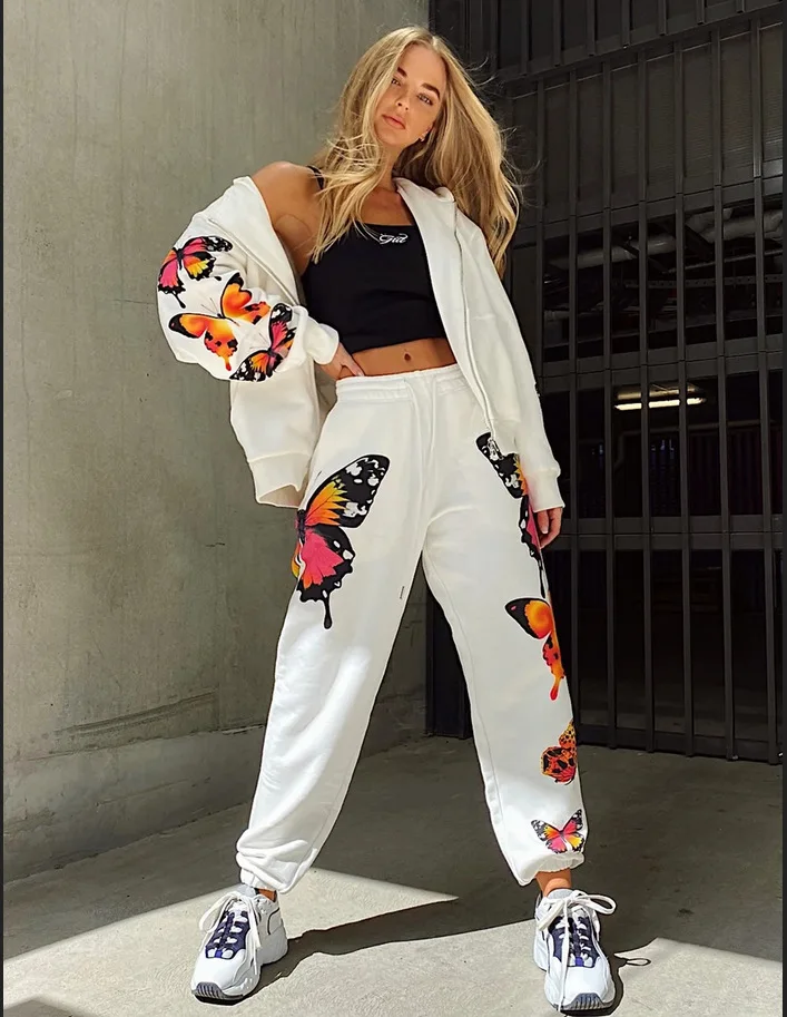 

2021 hot style net red color printing butterfly heat transfer trousers casual hooded sweater suit