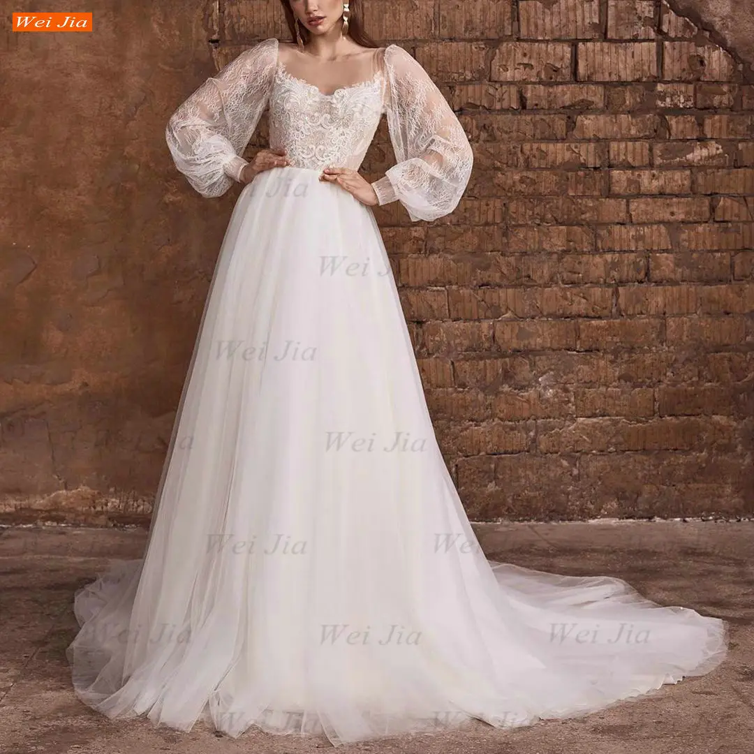 

Lace Long Puff Sleeves Wedding Gown White 2021 Bridal Dresses Custom Made Robe De Mariée A Line Tulle Zipper Sexy Hochzeitskleid