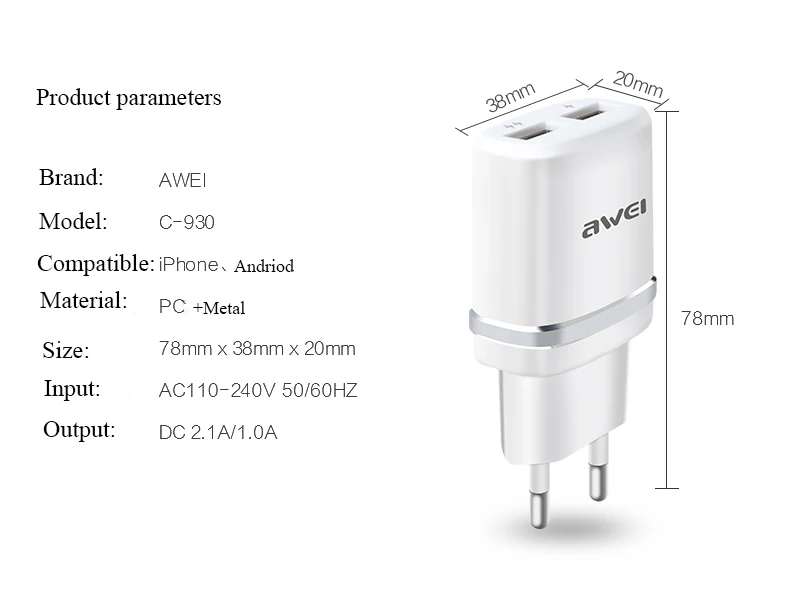 Awei C-930, двойной USB, универсальный AC110-240V для быстрой зарядки, для iphone 7, 8, huawei, разъем для телефона, быстрая зарядка, зарядное устройство для samsung S8, S9