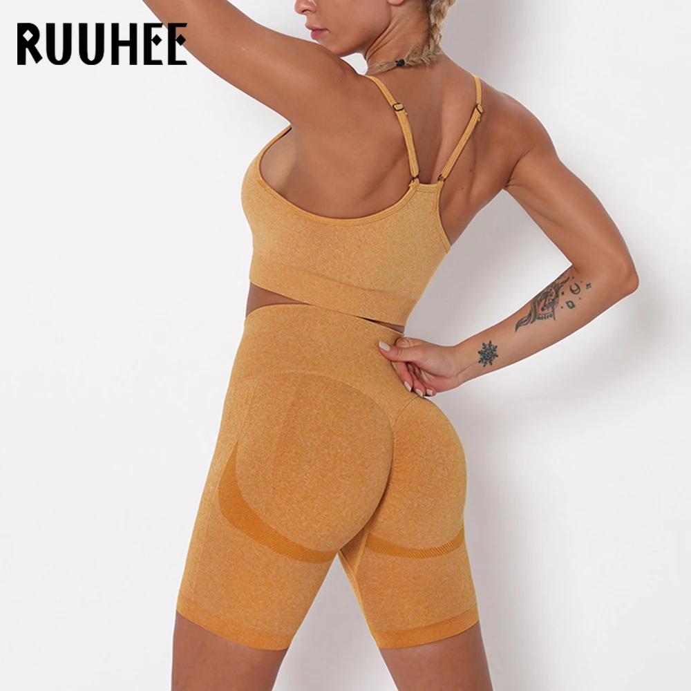 

RUUHEE Yoga Set Women Sports Bras Short Yoga Pants 2 Piece Solid High Waist Tummy Control Workout Clothes for Women Gym Set