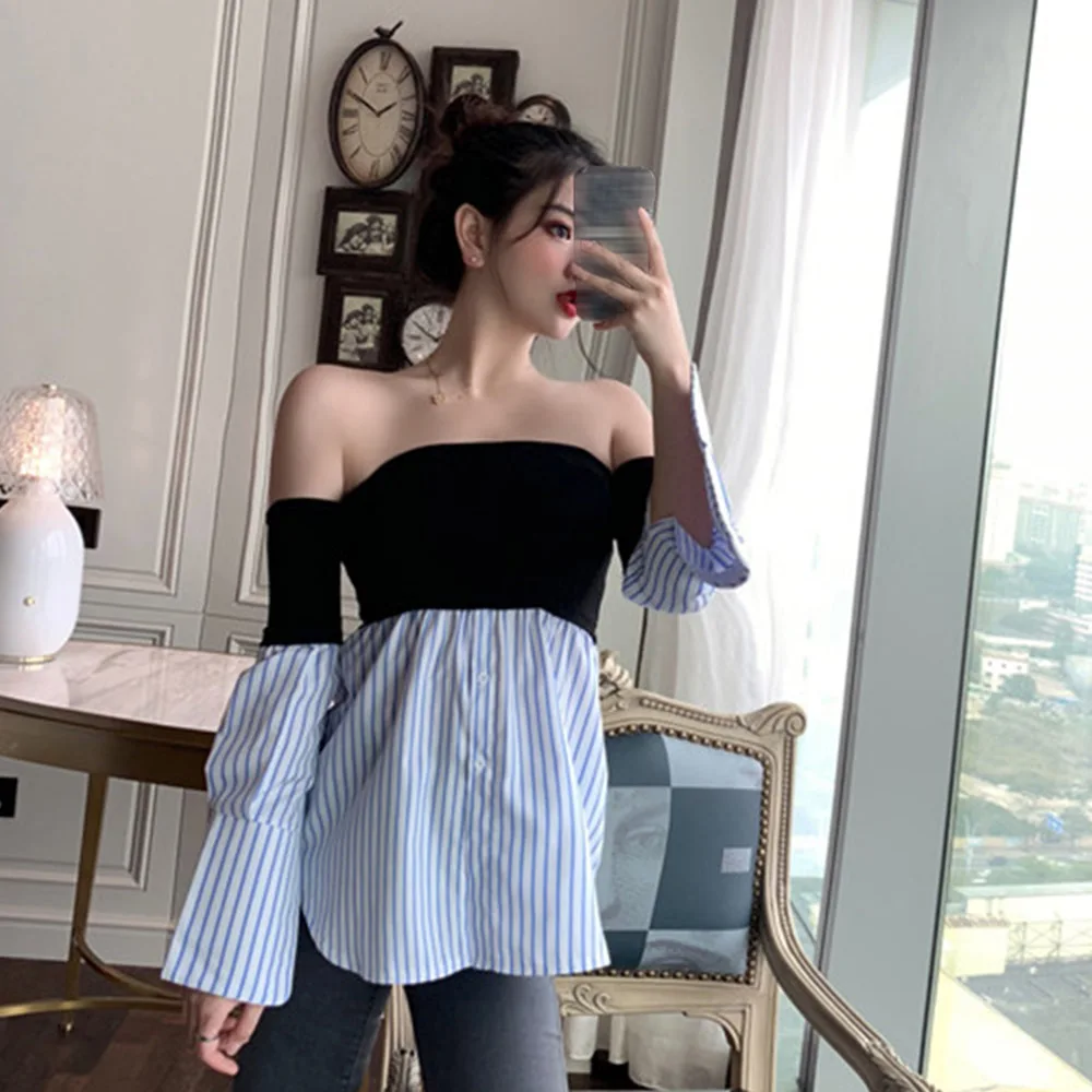 

Blouse One-shoulder Top Design Sense Summer 2021 New Thin Chic Hong Kong Style Sexy Stripe Splicing Women Tee Flared Sleeves