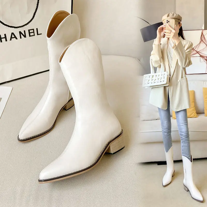 Chelsea Boots Women Retro Pointed Toe Thick Heel Martin Boots New Internal Increase High School Boots Knight Boots Women Winter