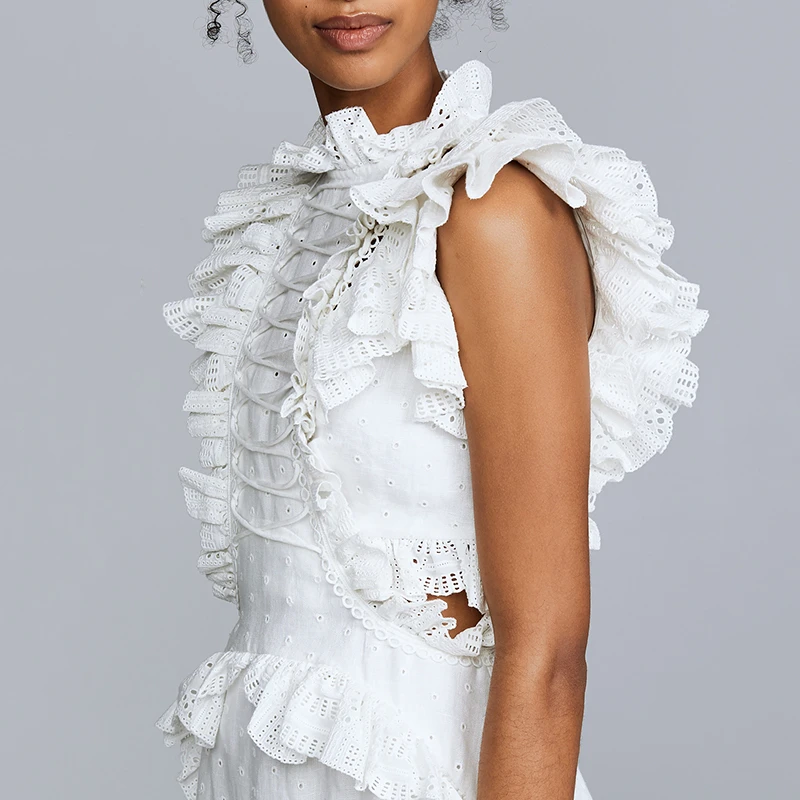 CHICEVER Hollow Out Lace Ruffle Dresses Women O Neck Sleeveless High Waist A Line Mini Dress Female 2020 Korean Fashion New | Женская