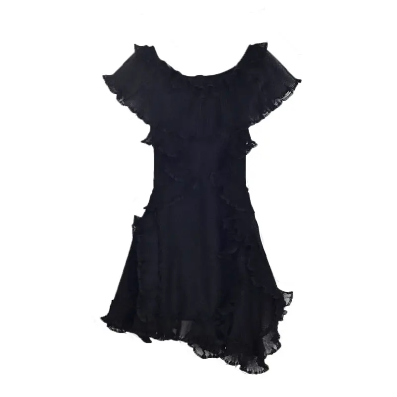 

French new dress lady summer sexy one line shoulder waist show thin temperament Ruffle Dress