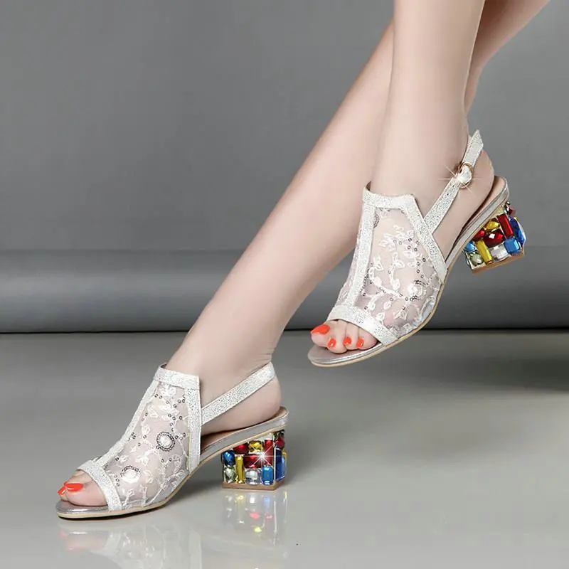 Женские открытые туфли стразы на высоком каблуке сетчатые сандалии 2019 Новая