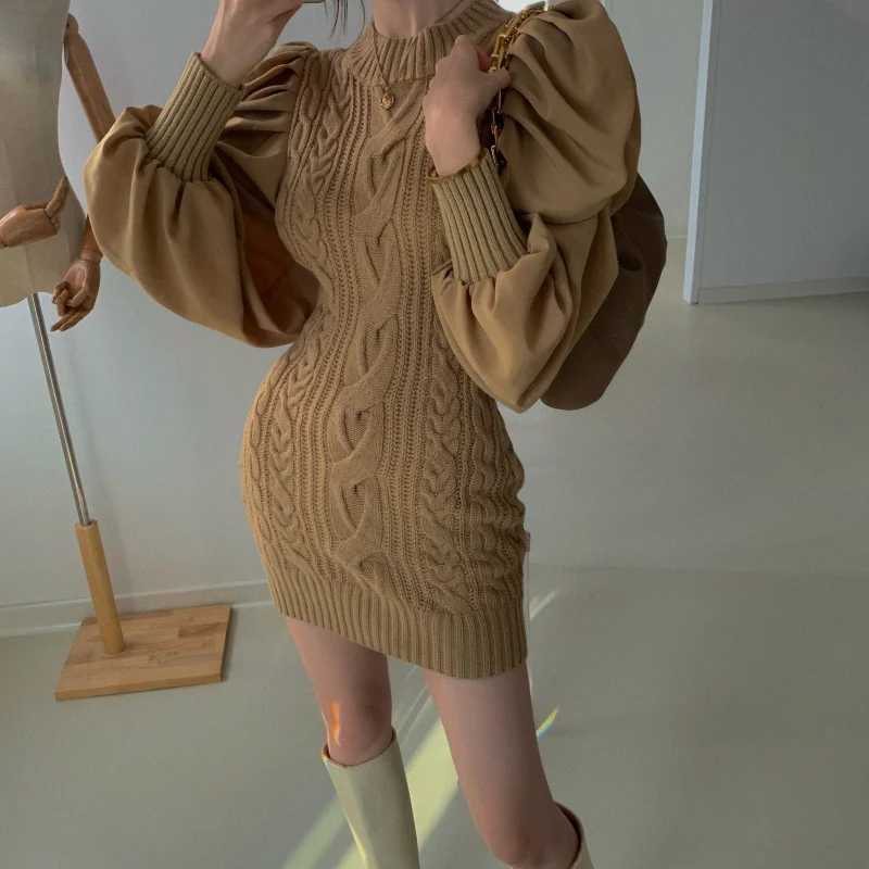 

2020 Retro Fall Winter New Fashion Women Twist Knit Patchwork Puff sleeve Korean Elegant Chic Sweater Dress Robe Femme
