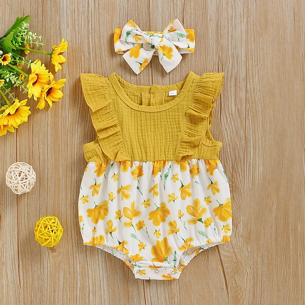 Summer rompers baby sleeveless frills small floral print short section robe + headscarf two-piece yellow для новорожденных 50* |