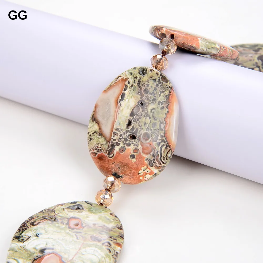 

GG Jewelry 19" Huge 40x50MM Brown Snow Flower Stripe Agate Crystal Gems Stone Rectangle Oval Necklace OT Clasp