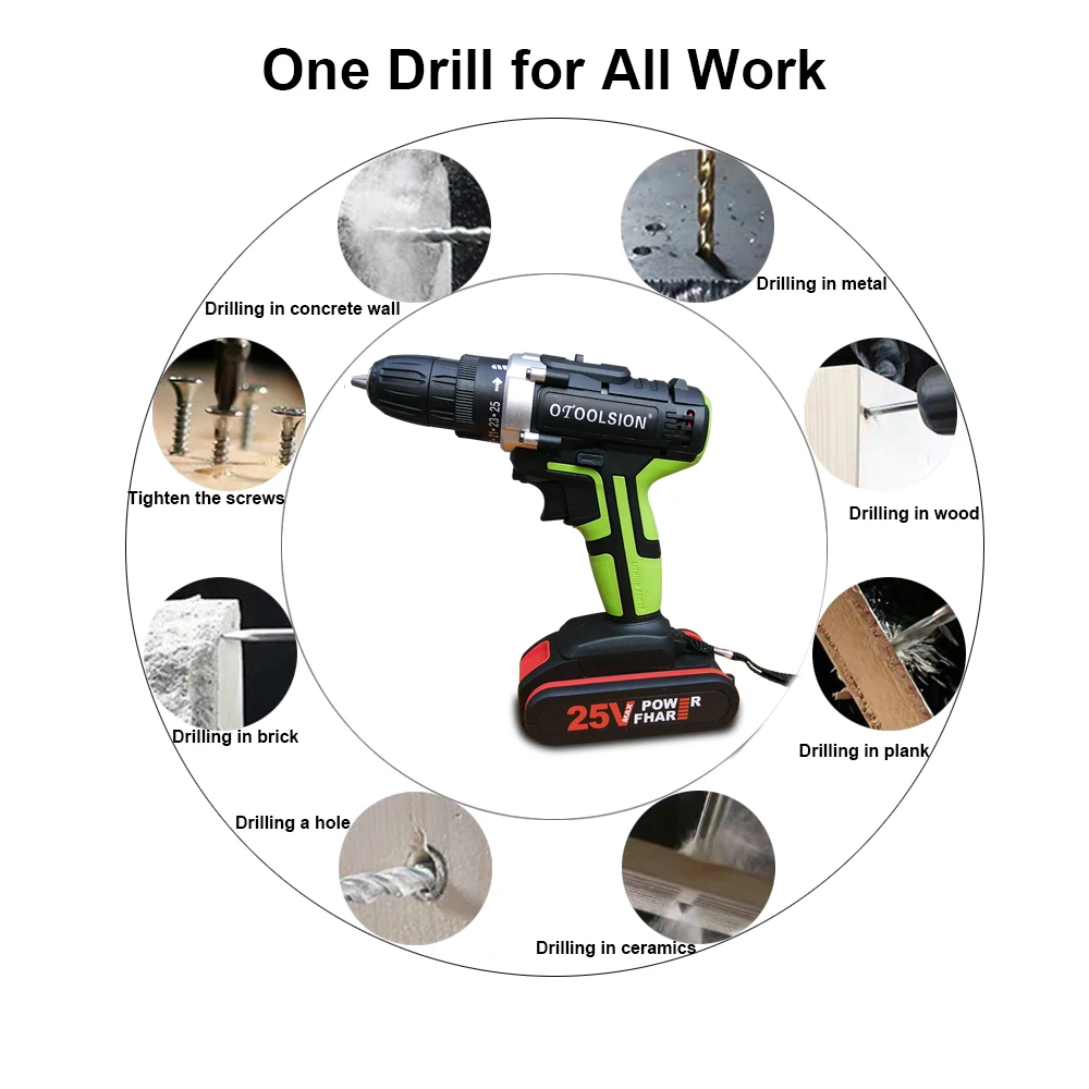 OTOOLSION 25V ударная электрическая отвертка 1600rpm 25 + 3 вращающий момент Ударная дрель электрический молоток