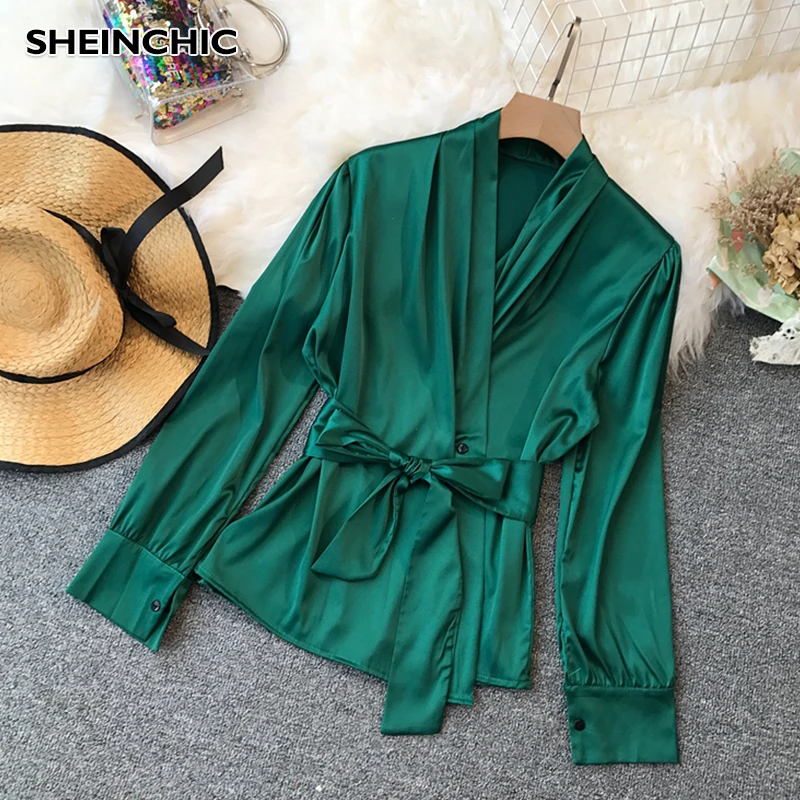 Женская офисная блузка с длинным рукавом зеленая/красная/синяя/бежевая