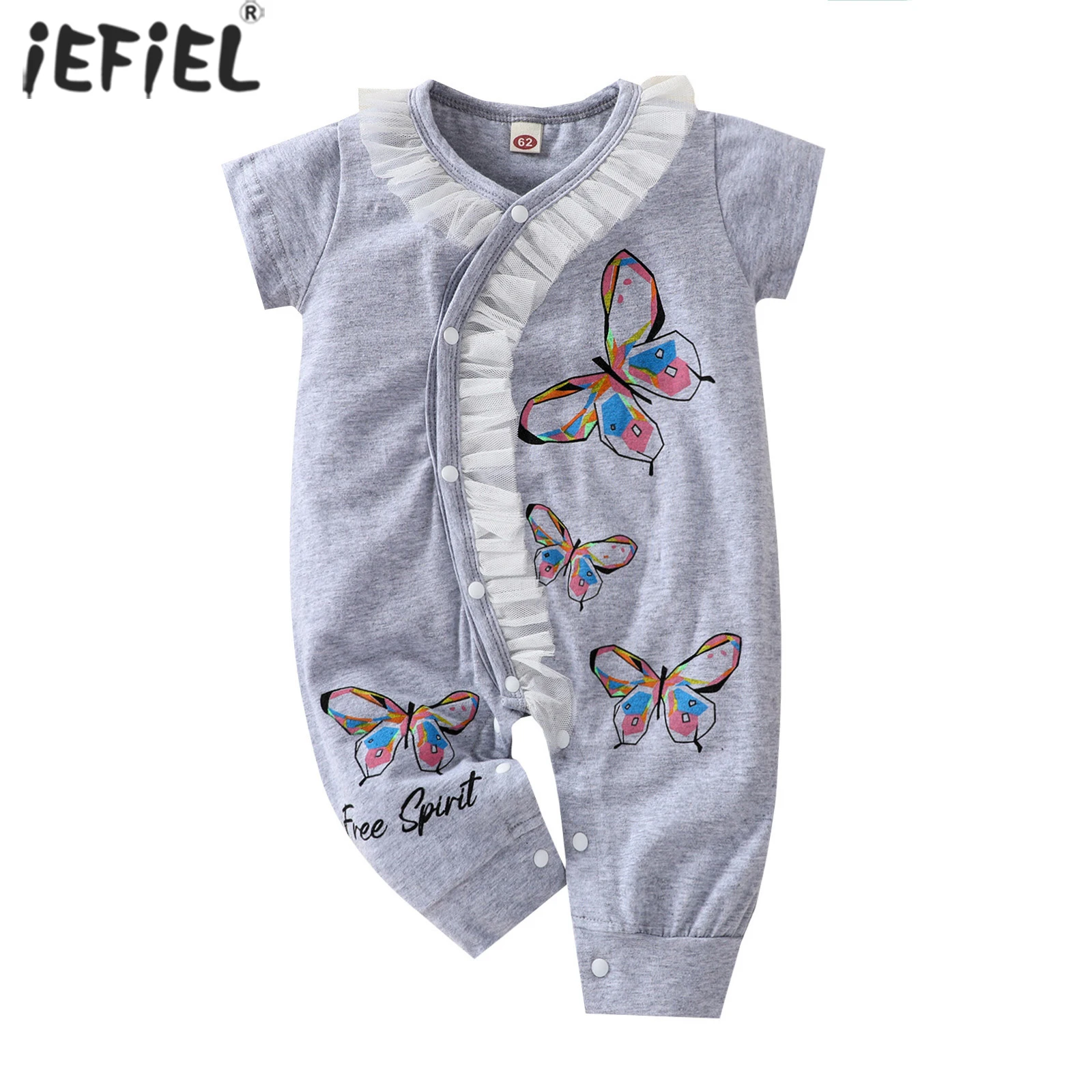 

Модный Детский комбинезон с принтом бабочек для маленьких девочек, хлопковый кружевной комбинезон с коротким рукавом для новорожденных пр...