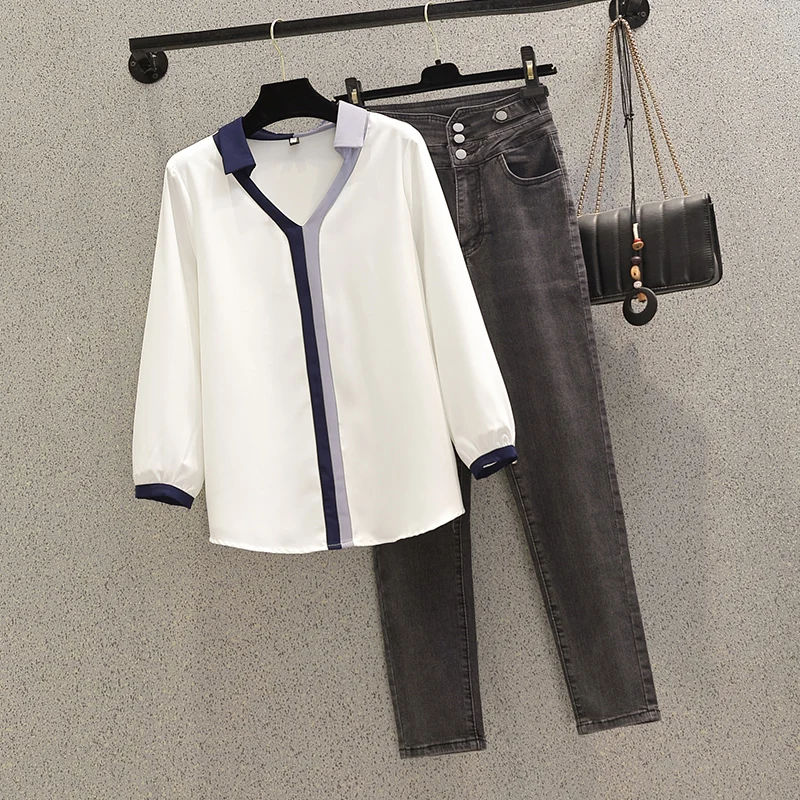 

Plus size 2 Piece Suit Women's Spring Autumn V-neck office Long sleeve Blouse + Denim Korean Top Shirt +Pencil jeans women suits