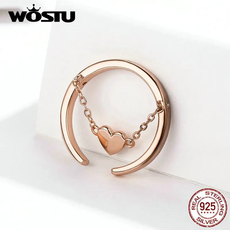 WOSTU 925 Sterling Silver Ring Heart Chain Wedding Rose Gold Adjustable Stackable Finger For Women Lover Luxury Jewelry DXR572 | Украшения