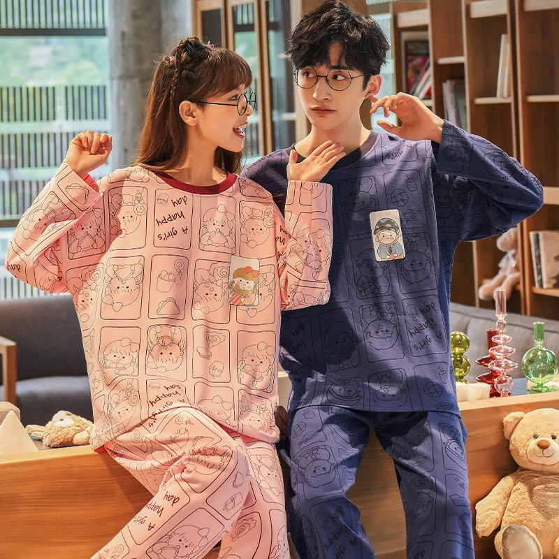 Новинка осенне-зимние хлопковые Пижамные комплекты для пар брюки с круглым