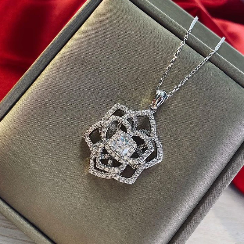 

Earring925 Sterling Silver Sparkling Full High Carbon Diamond Hollow Flower Pendant Necklace For Women Party Fine JewelryRings