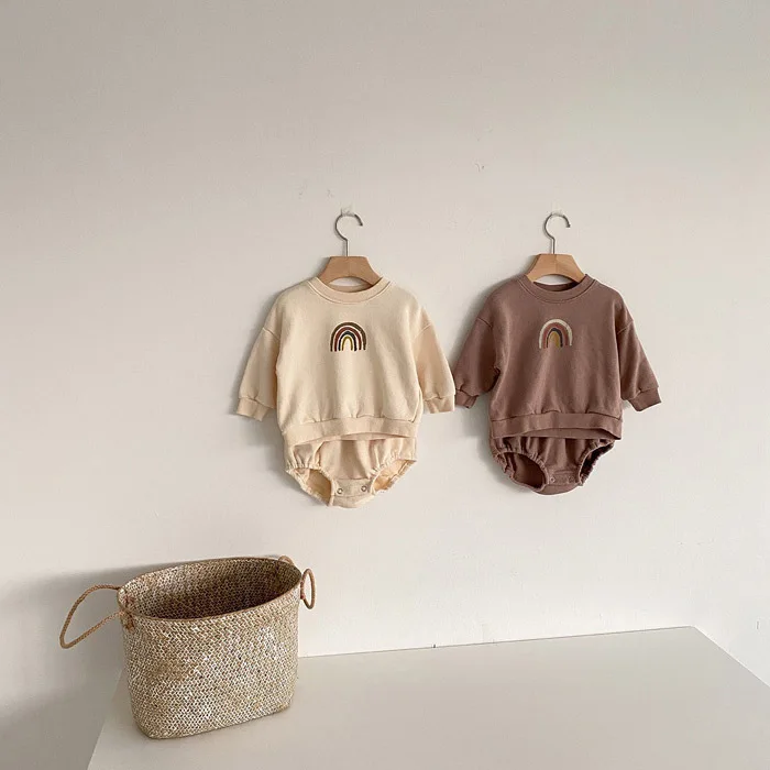 

Spring Autumn Newborn Infant Baby Girls Boys Outfits Spring Long Sleeve Rainbow Printed T-shirt Top+shorts Cotton Clothes Sets