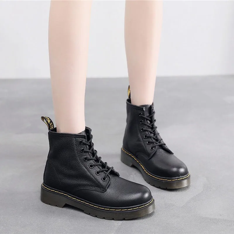 

Litchi pattern Martin boots women soft top layer cowhide couple short boots spring winter British leather motorcycle boots trend