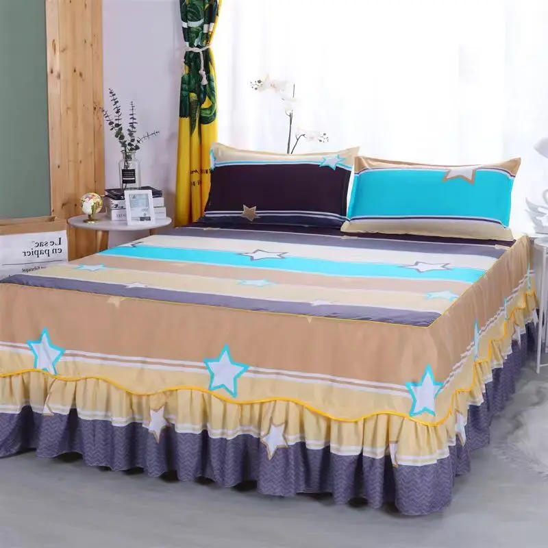 

3PCS Bed Skirt Flower Printed Fitted Sheet Cover Home Graceful Bedspread Bed Linens Bedroom Decor Mattress Cover Pillowcase