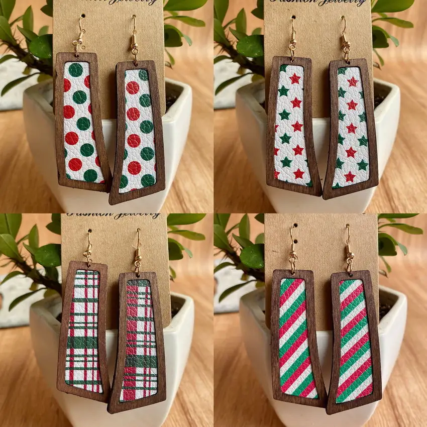 

Christmas Trendy Retro Geometric Wood Leather Earrings for Women Plaid Stripe Star Pattern Wooden Frame Drop Earrings Wholesale