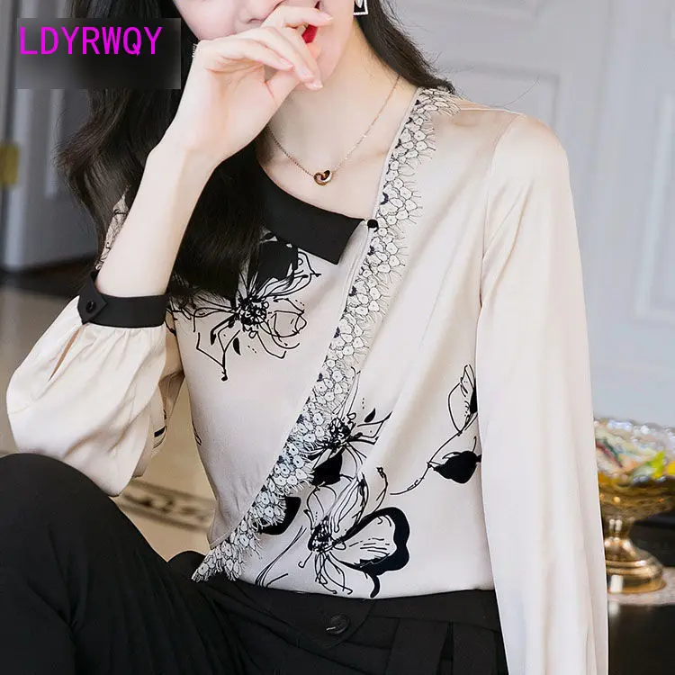 

LDYRWQY Spring 2021 new long-sleeved fashion printed all-around chiffon shirt Chinese style Office Lady
