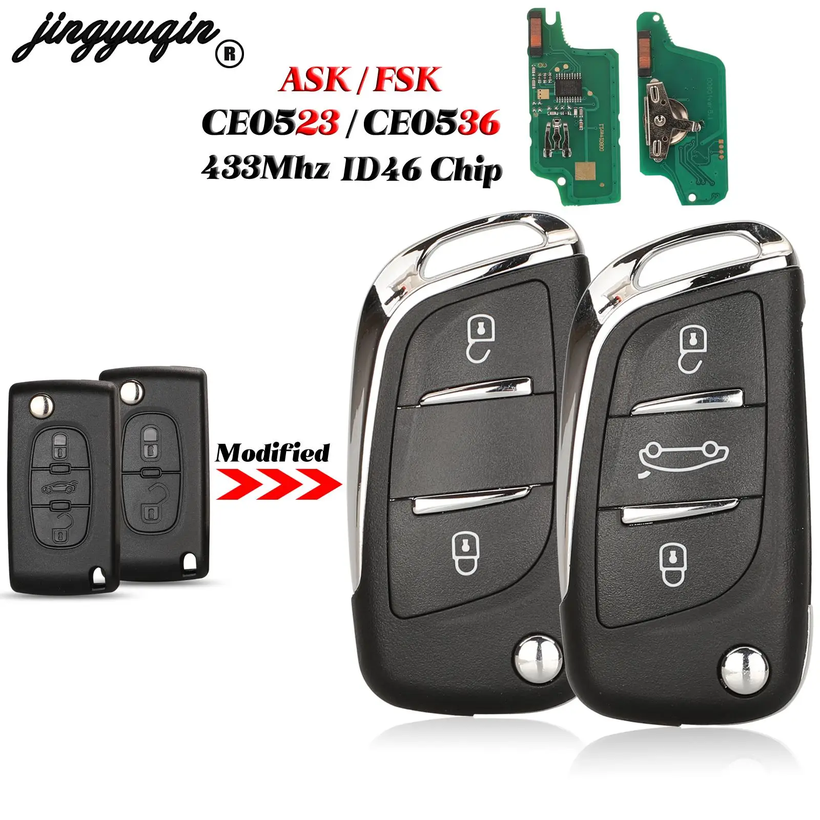 Jingyuqin 433Mhz ASK/FSK flip télécommande ID46 pour Peugeot 207 Partner Citroen C2 C3 C4 C5