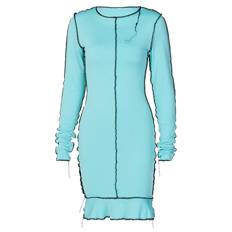

Sexy Mini Dress Autumn Winter 2021 Knitted Long Sleeve Ruffles Patchwork Women Fashion O-neck Streetwear Party Outfits