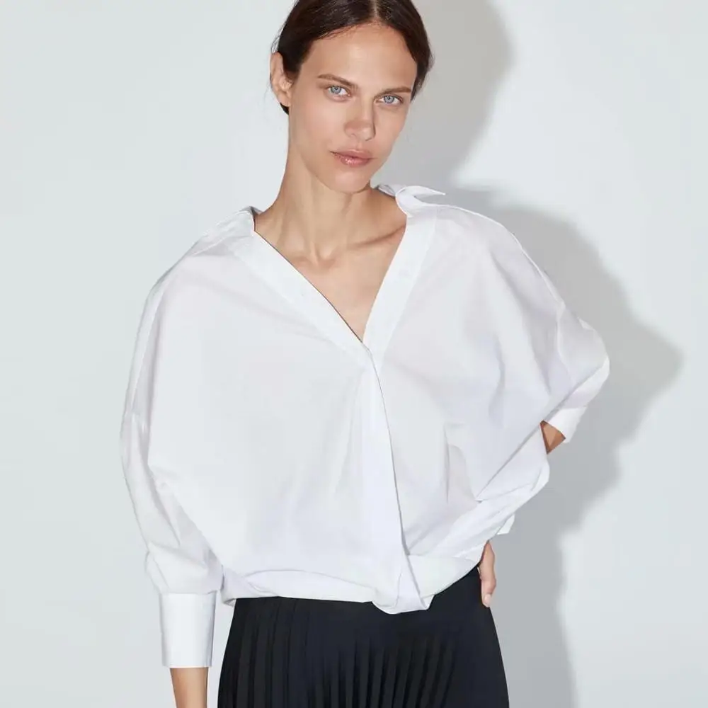 Женская блузка с длинным рукавом Za белая однотонная узелком спереди и отложным