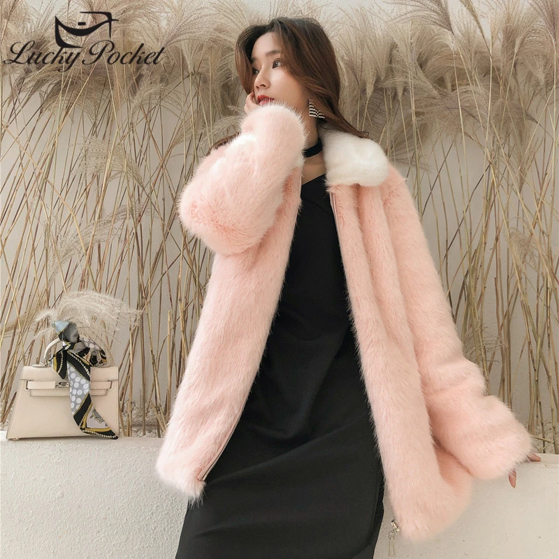 

Women Winter Sweet Warm Solid Color Lapel Loose Short Plush Coat Ladies New Fashion Sofe Keep Warm Plus Size Pink Fur Coat ZY49