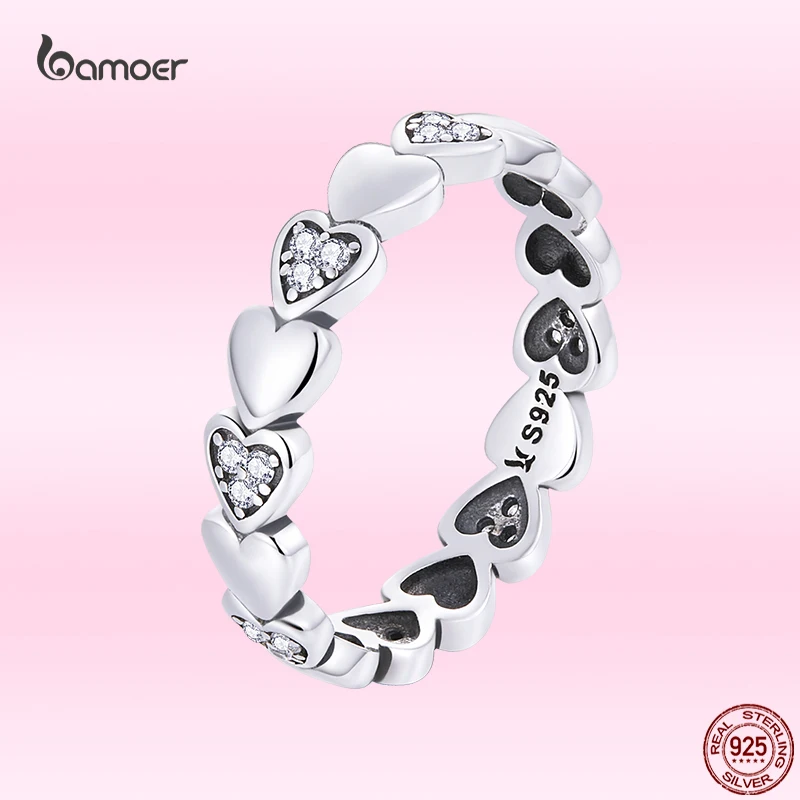 

Bamoer Fashion Simple Love Rings for Women Genuine 925 Sterling Silver Heart Rings Elegant Wedding Anniversary Jewelry Gifts
