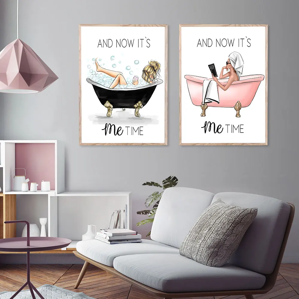 

Home Decoration Nordic Bathroom Poster Wall Art HD Print Vogue Girl on The Bathtub Picture Canvas Painting Modular Frame Picture