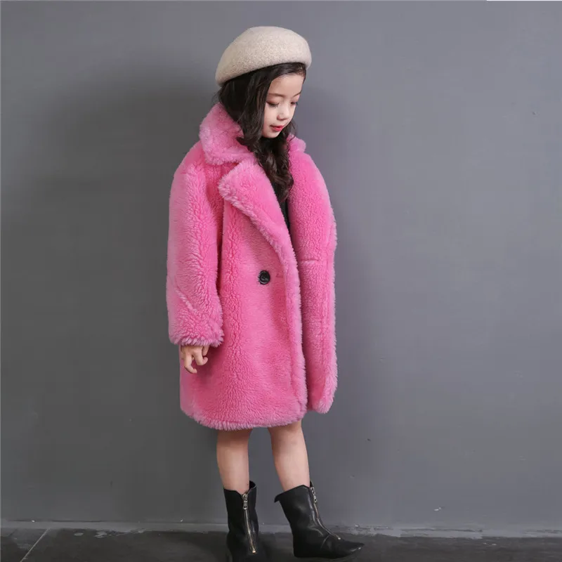 rose red Г. Осень-зима, новые модные толстые теплые пальто с искусственным овечьим мехом для девочек Детская однотонная верхняя одежда, костюм Одежда для детей S02 - Цвет: rose red