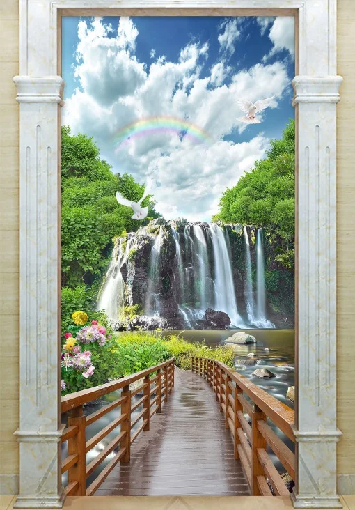 Бесплатная доставка 3D Радужная водная дверь фотообои с рисунком стен