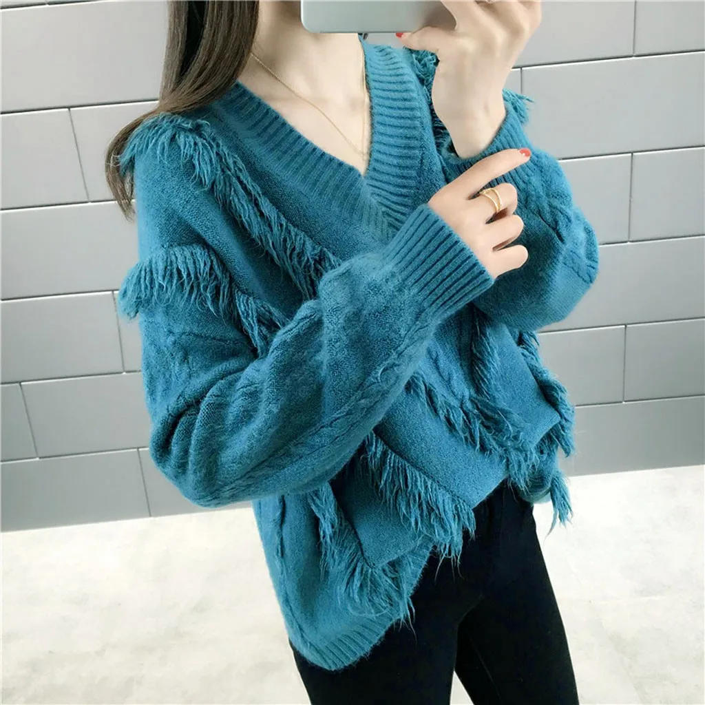 SAGACE 2020 New Autumn Winter Fringe Casual Knitted Sweater Ladies Elegant Long Sleeve V-neck Women Pullovers Tops Street Pop | Женская