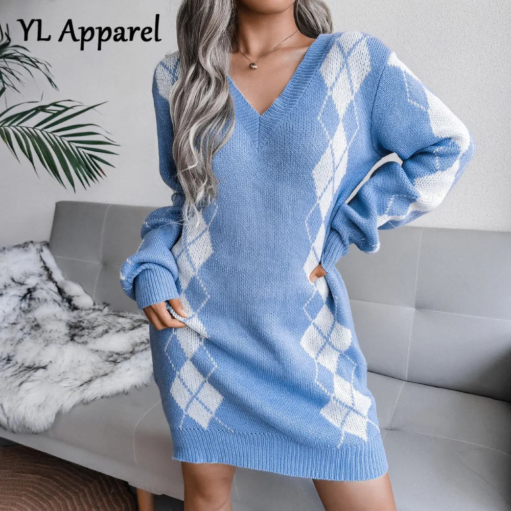 

Casual Loose Vintage Women Autumn Winter Mini Sweater Dress Elegant female V-neck Geometric Argyle Pattern Knitted Office Dress