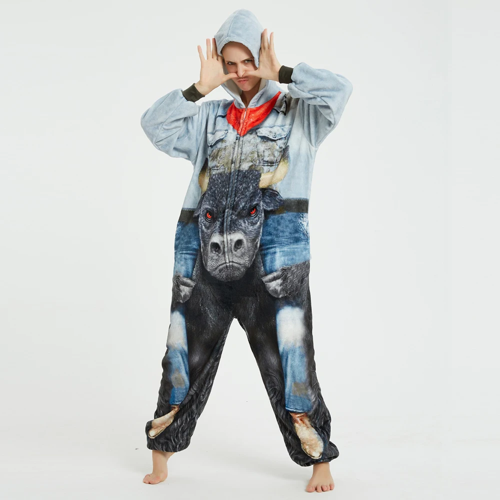 Popular Animal Cattle Pajamas Unisex Adult One-Piece Cosplay Sleepwear Women Winter Flannel Onesies Christmas Halloween Costume
