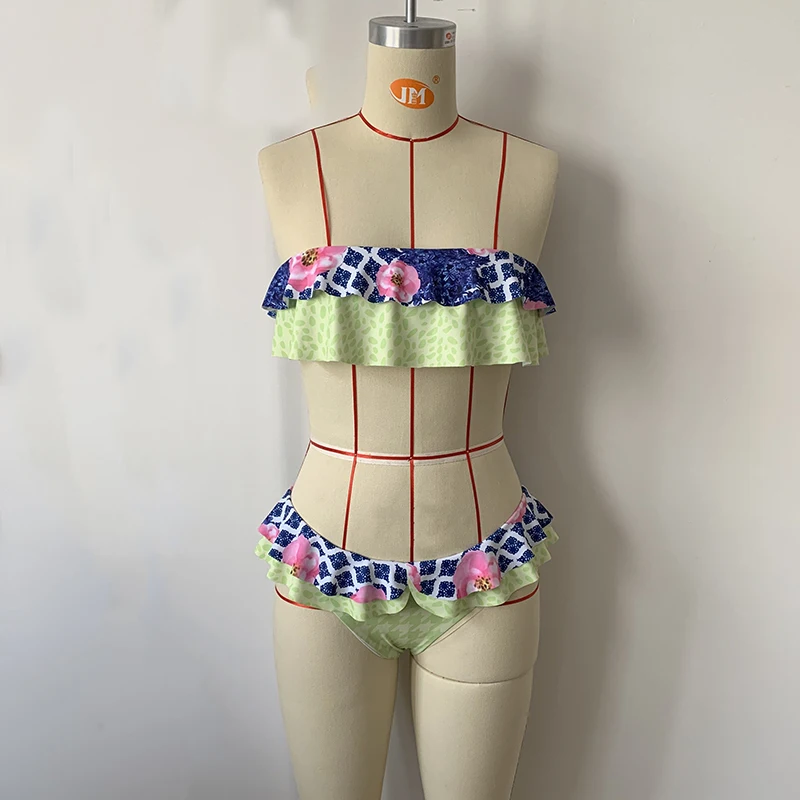 

2021 Mujer New Retro Print 2 Piece Set ELAN MILRE Sexy Bandeau Swimwear Women Bikini Swimsuit Ruffled Bathing Suit Beachwear