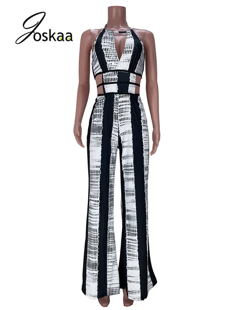 

Joskaa Stripe Print Halter Bandage Backless Wide Leg Jumpsuits High Waist Sleeveless Beach Straight Rompers Outfits Summer 2021