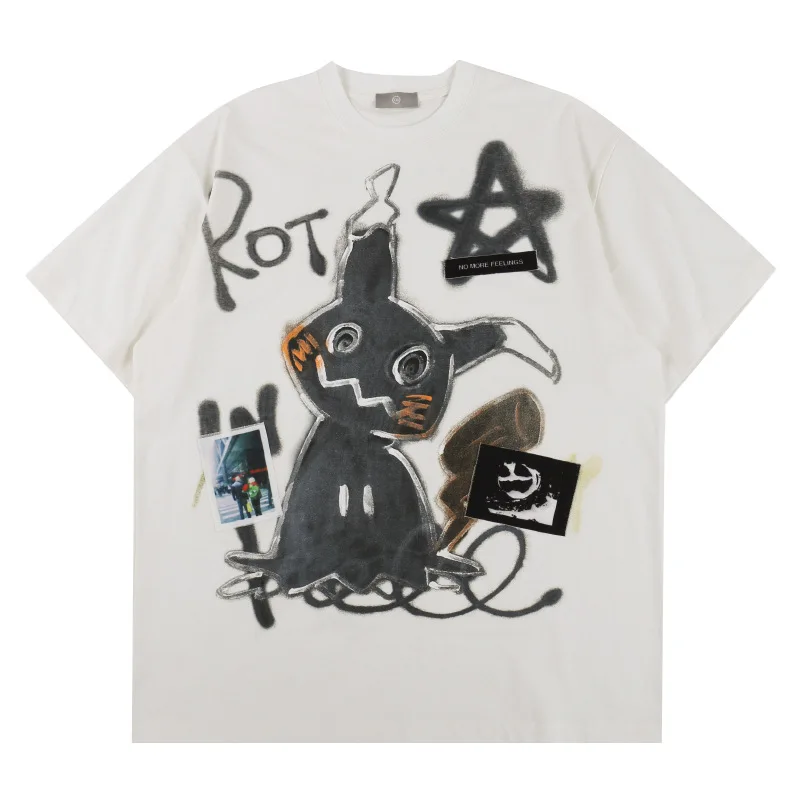 

High Street Hiphop Cartoon Printed Anime T Shirt Pokemon Pikachu Graffiti Graphic T Shirts Men Clothing