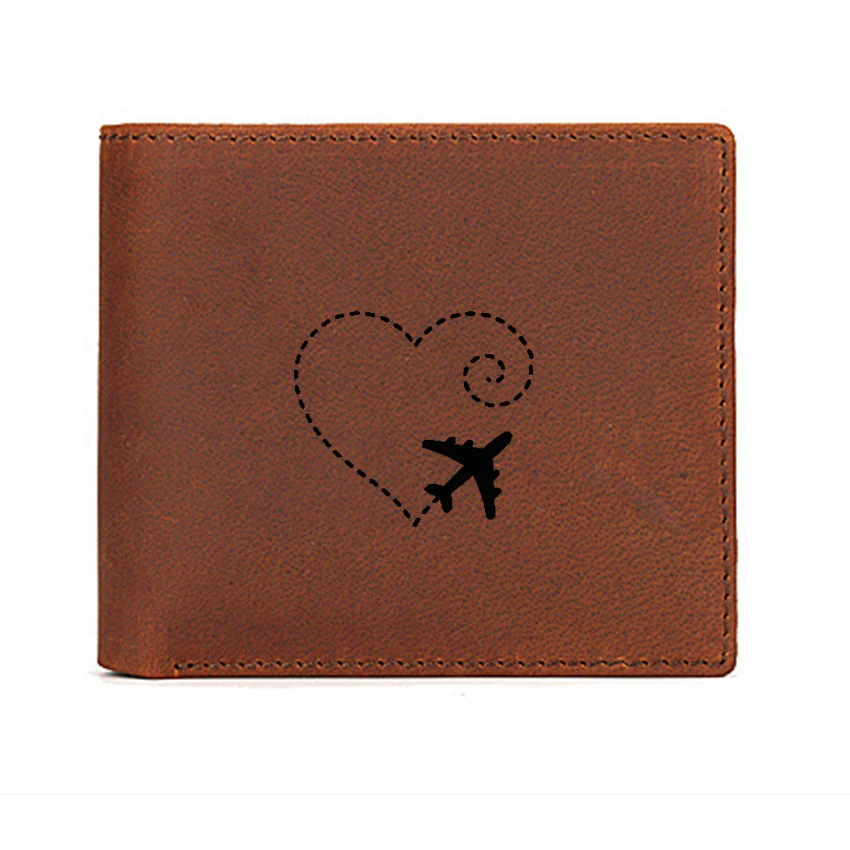 Мужской винтажный кошелек из натуральной кожи с принтом в виде самолета и сердца