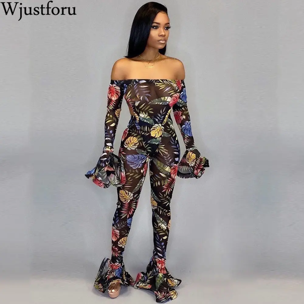 Wjustforu рукав фонарик сексуальный с принтом комбинезон для женщин открытыми